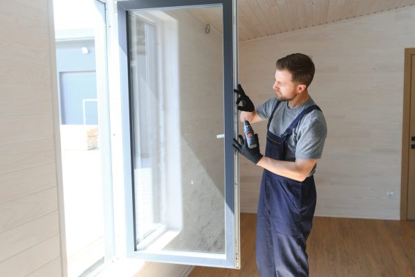 A worker installs windows in a new modular home. The concept of a new home